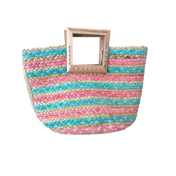 Antik Kraft Women's Pink & Blue Wooden Jute Satchel Beach Tote Bag - Picture 1 of 10